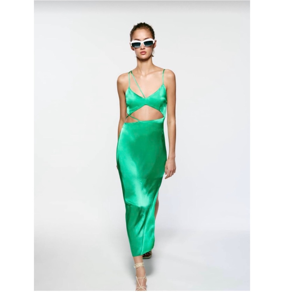 ZARA - GREEN asymmetric satin effect dress